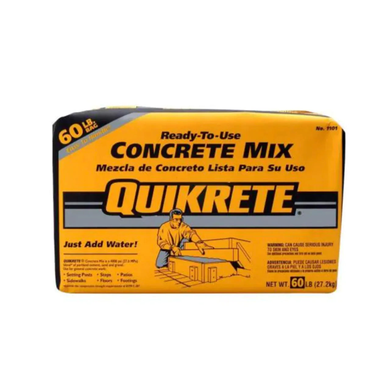 A 60 lb. bag of Go Build Ready-To-Use Concrete Mix, The Fastest Way To Build, features yellow packaging, bold black/red text, a person mixing concrete, and a blue Just Add Water! banner. Delivery available.
